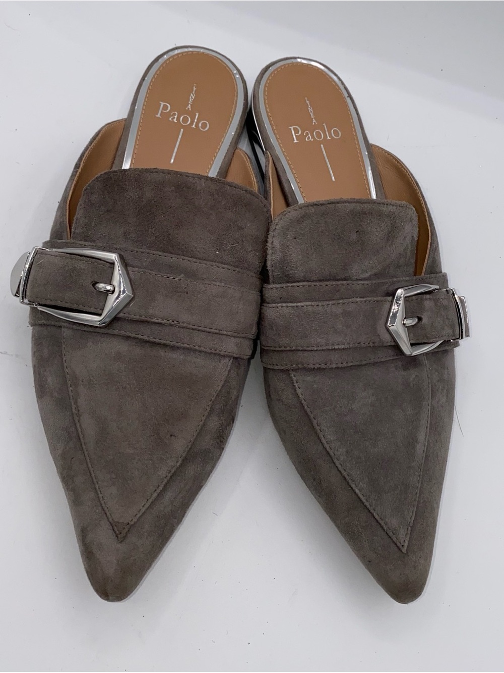 Linea Paolo Elegant Dressy Gray Suede Flat Mules Pointy Toe Slip On Sz 8.5  AA18